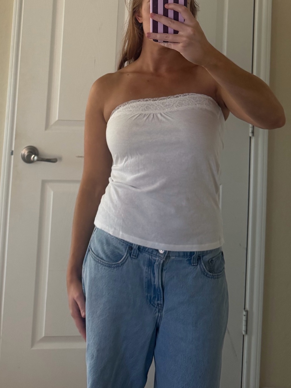 Brandy Melville White Lace-Trim Strapless Tube Tank
